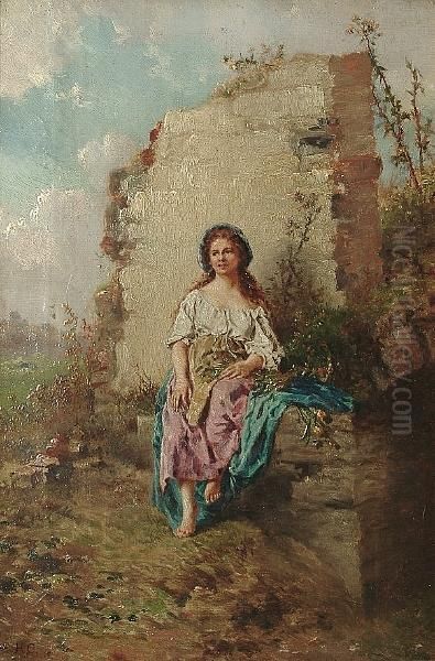 Portrait Of Young Woman In A 
Country Landscape With Flowers On Her Lap, A Ruined Wall Beyond - view 1