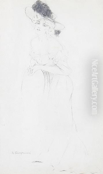 Donna Elegante Appoggiata Ad Una Sedia; Donna Elegante Seduta Con Due Cani - view 1