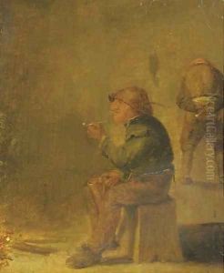 A peasant smoking a pipe and drinking beer near an open fire by Adriaen Brouwer
