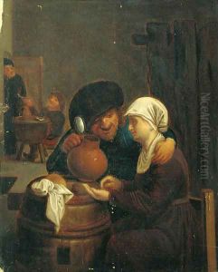 A boor with a serving girl in a tavern interior by Adriaen Brouwer