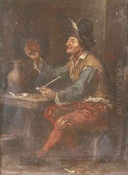 A peasant drinking and smoking at a table in an inn - view 1