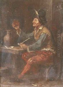 A peasant drinking and smoking at a table in an inn