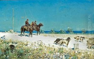 A Coastal Landscape With Two Mounted Figures And Dogs Following Their Flock by Alceste Campriani