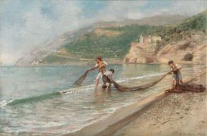 Pescatori Sulla Spiaggia by Alceste Campriani