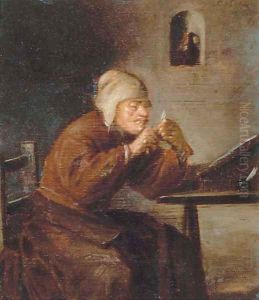 A man seated at his desk sharpening his pen by Adriaen Brouwer