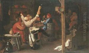 Boors drinking and making merry in an inn by Adriaen Brouwer