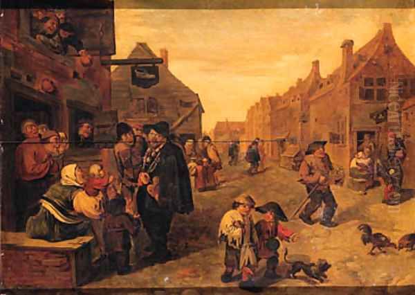 Boors listening to a liereman, outside a shoemaker's workshop, in a village street - view 1