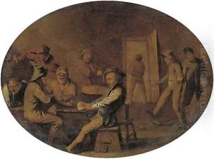 Peasants playing cards, drinking merry making in an interior by Adriaen Brouwer