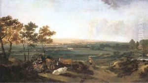 An extensive landscape with an elegant company resting, a country mansion in the distance by Anthonie Van Borssom
