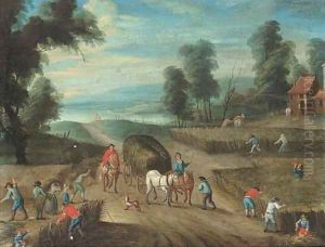 A landscape with peasants reaping the harvest by Balthasar Beschey