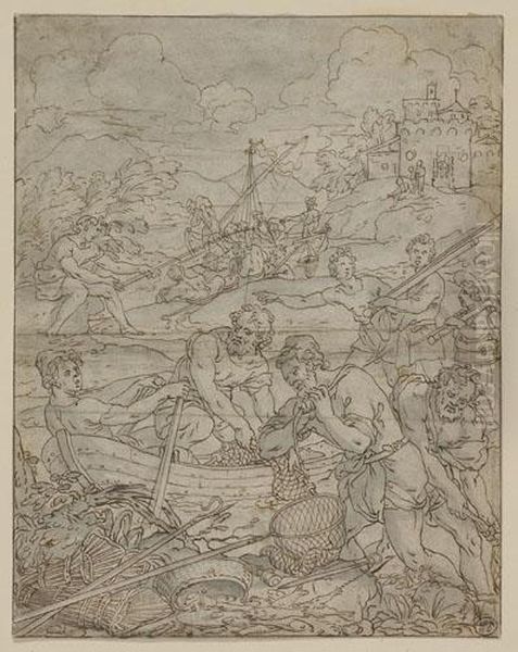 Lakeside Scene With Fishermen - view 1