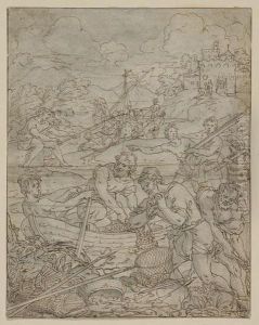 Lakeside Scene With Fishermen