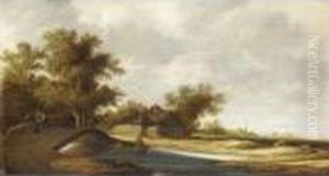River Landscape With Figures On A Bridge, A Farmhouse Beyond