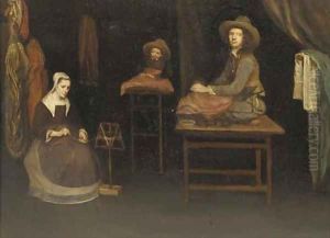 An interior with a family making cloth