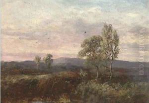 An extensive moorland landscape with trees by George A. Boyle