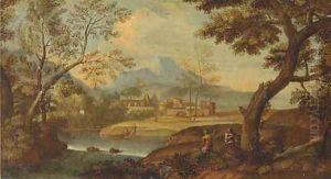 A wooded river landscape with fishermen and other figures