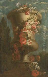 Roses, carnations, tulips, morning glory and other flowers in an urn by Jan-baptist Bosschaert
