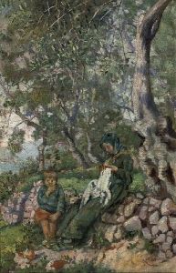 A Mother And Son Seated By A Wall Before The Sea by Nicolo Cannicci