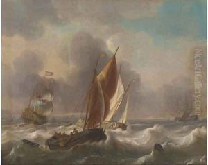 A Dutch man-o'-war and other shipping in choppy seas by Ludolf Backhuysen