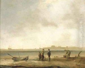 A coastal landscape with fishermen with their catch in the foreground by Ludolf Backhuysen