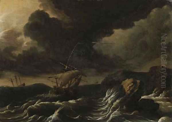 Dutch three-masters off a rocky coast in a gale - view 1