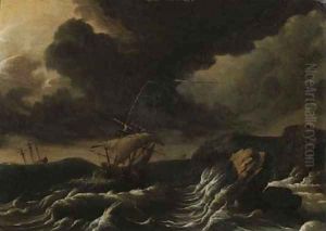 Dutch three-masters off a rocky coast in a gale by Ludolf Backhuysen