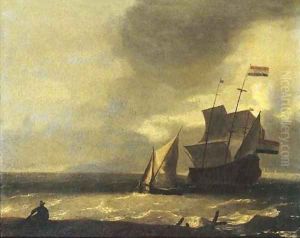 A fisherman on the beach watching a three-master and a smalschip in a gale