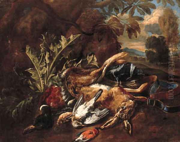 A hunting still life with a hare, a mallard and songbirds in a landscape - view 1