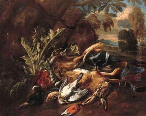 A hunting still life with a hare, a mallard and songbirds in a landscape by Bernaert De Bridt