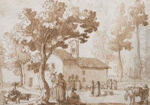 Figures By A Rural Church In A Landscape by Remigio Cantagallina