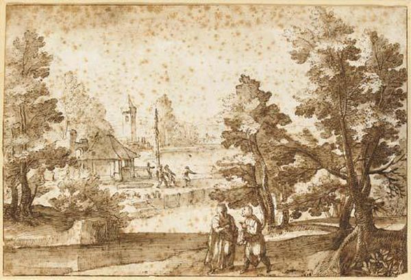 Un Paysage Fluvial Avec Des 
Habitations, Des Pecheurs Tirant Un Filet, Deux Hommes Au Premier Plan - view 1