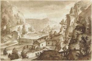 An Alpine Landscape With A Farmhouse In A Valley by Remigio Cantagallina