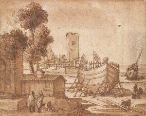 A Building Dock By A Port, Figures In The Foreground by Remigio Cantagallina