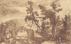 A Mountainous Landscape With A Bridge Over A River by Remigio Cantagallina