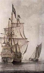 A Man-o'-war under sail seen from the stern with a boeiler nearby by Cornelius Bouwmeester