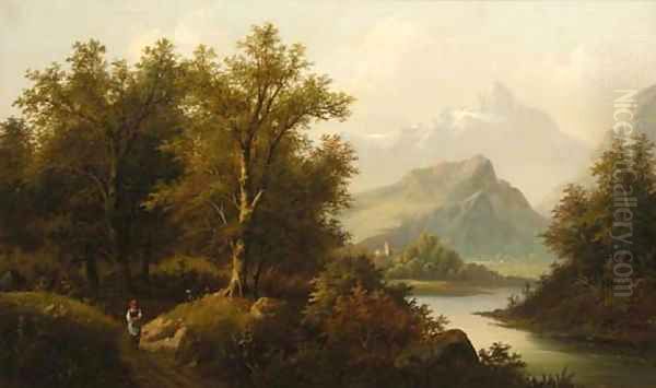 A figure by a lake with a church and mountains beyond; and A figure by a chalet in an Alpine landscape - view 1