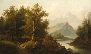 A figure by a lake with a church and mountains beyond; and A figure by a chalet in an Alpine landscape by Eduard Boehm