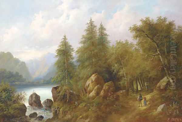 Travellers in a wooded landscape - view 1
