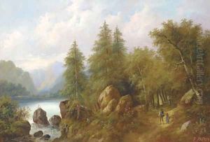 Travellers in a wooded landscape by Eduard Boehm
