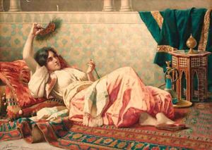 A reclining oriental beauty by Federico Ballesio