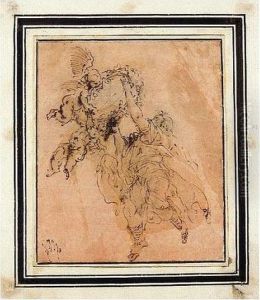 A Flying Female Figure And Two Putti Holding A Garland Of Flowers