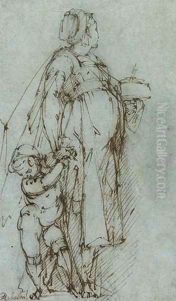 A woman with a putto holding a distaff - view 1