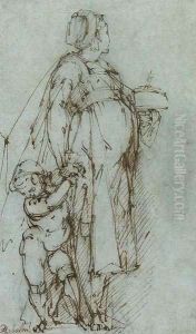 A woman with a putto holding a distaff