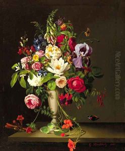 A bouquet with orange blossom, indian cress, roses, irisses and violets by Gustav Berkholz