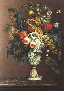 Still Life of Flowers in a Classical Vase by J. Buiterveld