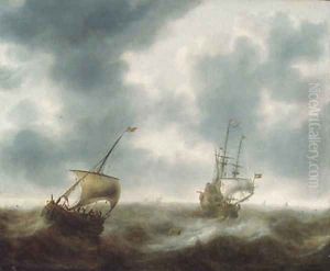 A Dutch merchantman, a pink and other shipping in rough seas by Jacob Adriaensz. Bellevois