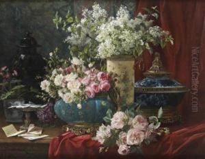 Bouquet De Fleurs Dans Des Vases
De Style Chinois Sur Une Table Recouverte D'un Drape Bordeaux by Jean Capeinick