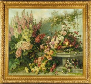 Still Life Of Hollyhocks, Roses And Pansies