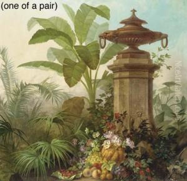 Assorted Flowers With Grapes,
Strawberries, Peaches And A Pumpkin In A Tropical Garden; Tropical
Plants And Flowers Before A Balustrade - view 1