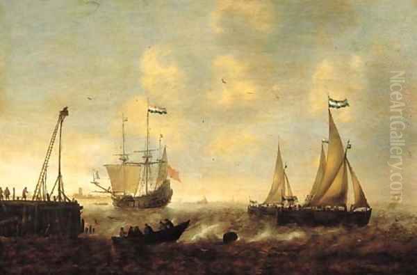 Smallships, a threemaster and a pink on a river by a jetty in a stiff breeze, a town in the distance - view 1